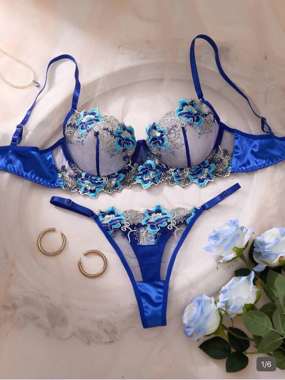 2/60$🔥Royal Blue Floral Embroidered Lace Bra & Thong Set